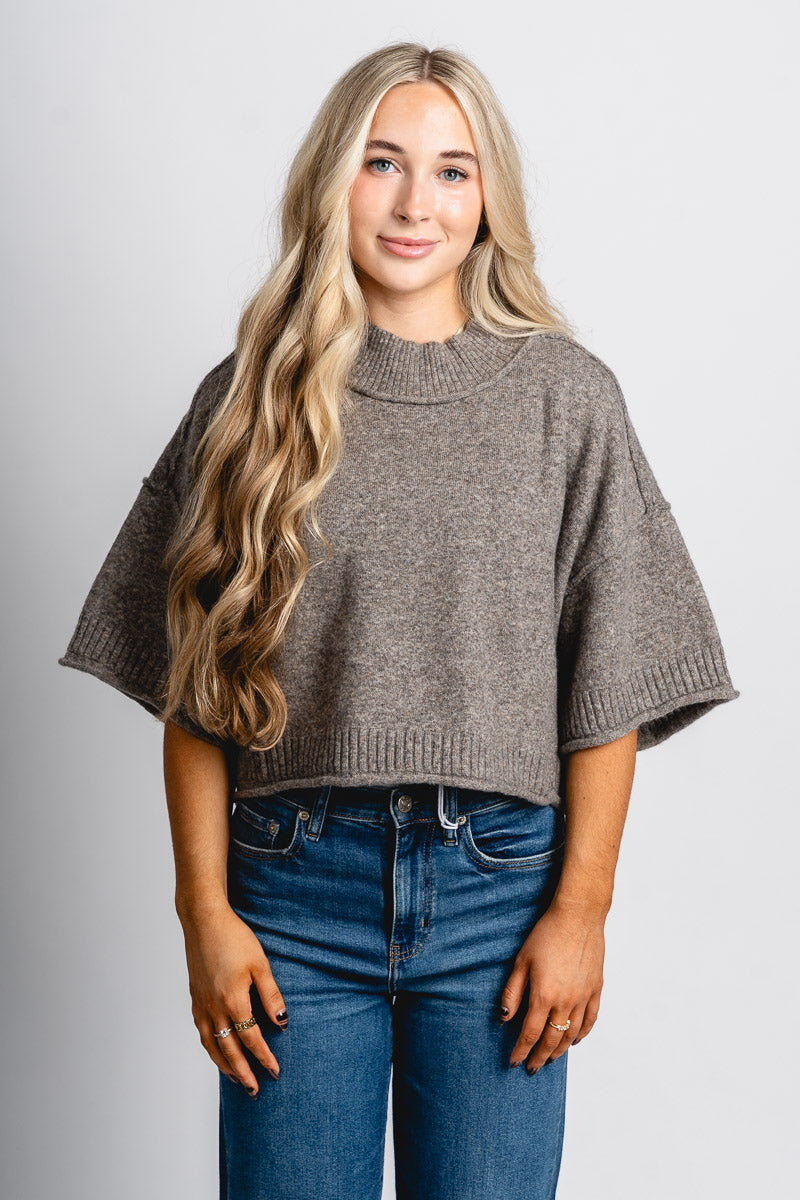 Short sleeve mock neck sweater charcoal brown – Boutique Sweaters | Fashionable Sweaters at Lush Fashion Lounge Boutique in Oklahoma City