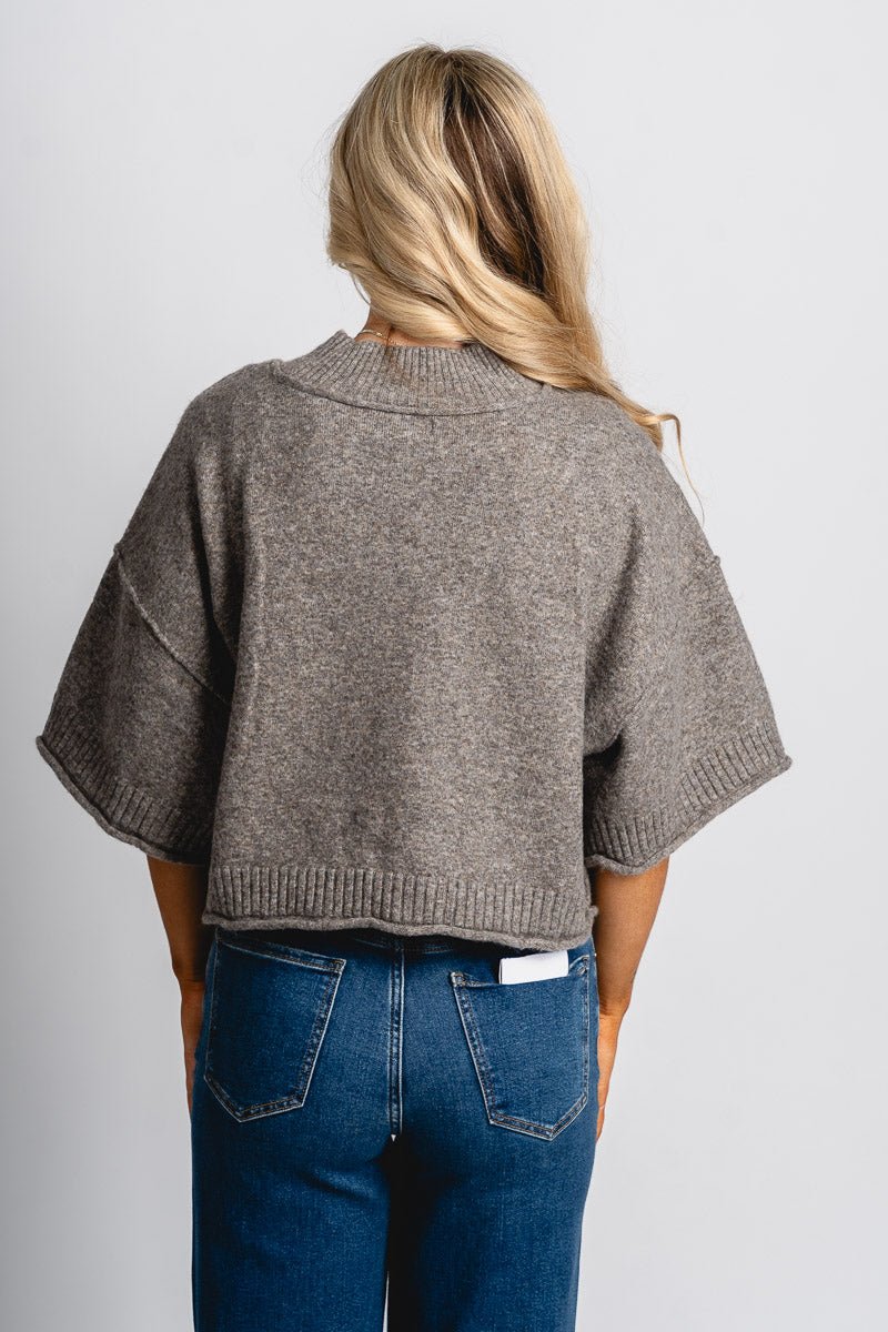Short sleeve mock neck sweater charcoal brown