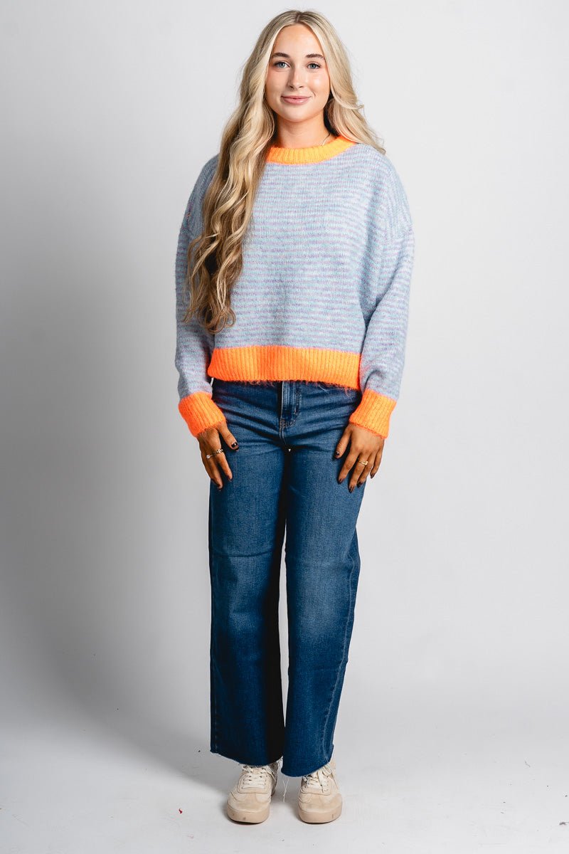 Oversized striped sweater light blue/orange - Trendy Sweaters | Cute Pullover Sweaters at Lush Fashion Lounge Boutique in Oklahoma City