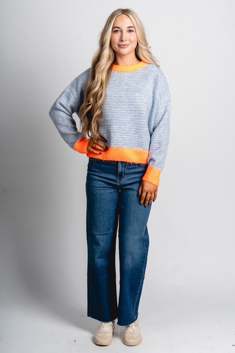 Oversized striped sweater light blue/orange – Unique Sweaters | Lounging Sweaters and Womens Fashion Sweaters at Lush Fashion Lounge Boutique in Oklahoma City