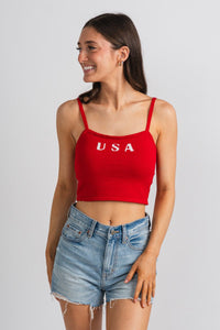 USA crop tank top red - Adorable Tank Top - Stylish Patriotic Summer Graphic Tees at Lush Fashion Lounge Boutique in OKC