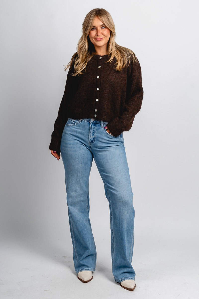Button sweater cardigan dark chocolate - Trendy Sweater - Fashion Cardigans & Cute Kimonos at Lush Fashion Lounge Boutique in Oklahoma City