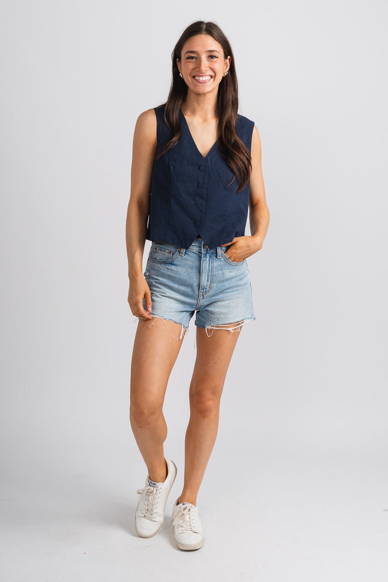 Button down vest navy - Stylish Vest - Trendy American Summer Fashion at Lush Fashion Lounge Boutique in Oklahoma