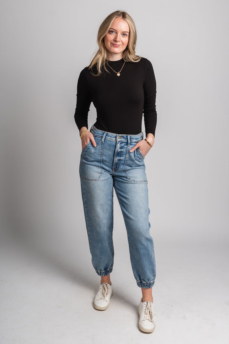 Daze The Champ high rise jogger jeans Wings | Lush Fashion Lounge: boutique women's jeans, fashion jeans for women, affordable fashion jeans, cute boutique jeans