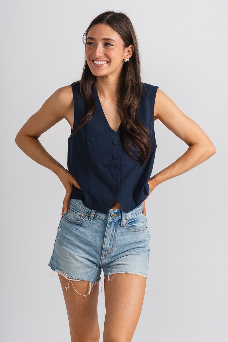 Button down vest navy - Trendy Vest - Cute American Summer Collection at Lush Fashion Lounge Boutique in Oklahoma City