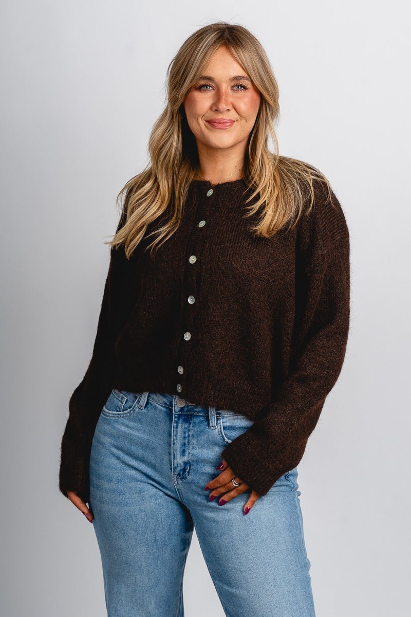 Button sweater cardigan dark chocolate - Cute Sweater - Trendy Cardigans & Stylish Kimonos at Lush Fashion Lounge Boutique in Oklahoma City