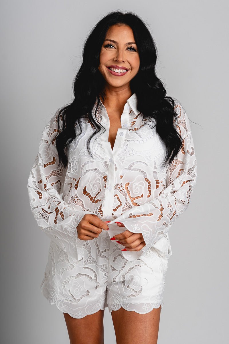 Floral eyelet top white - Trendy top - Cute Vacation Collection at Lush Fashion Lounge Boutique in Oklahoma City