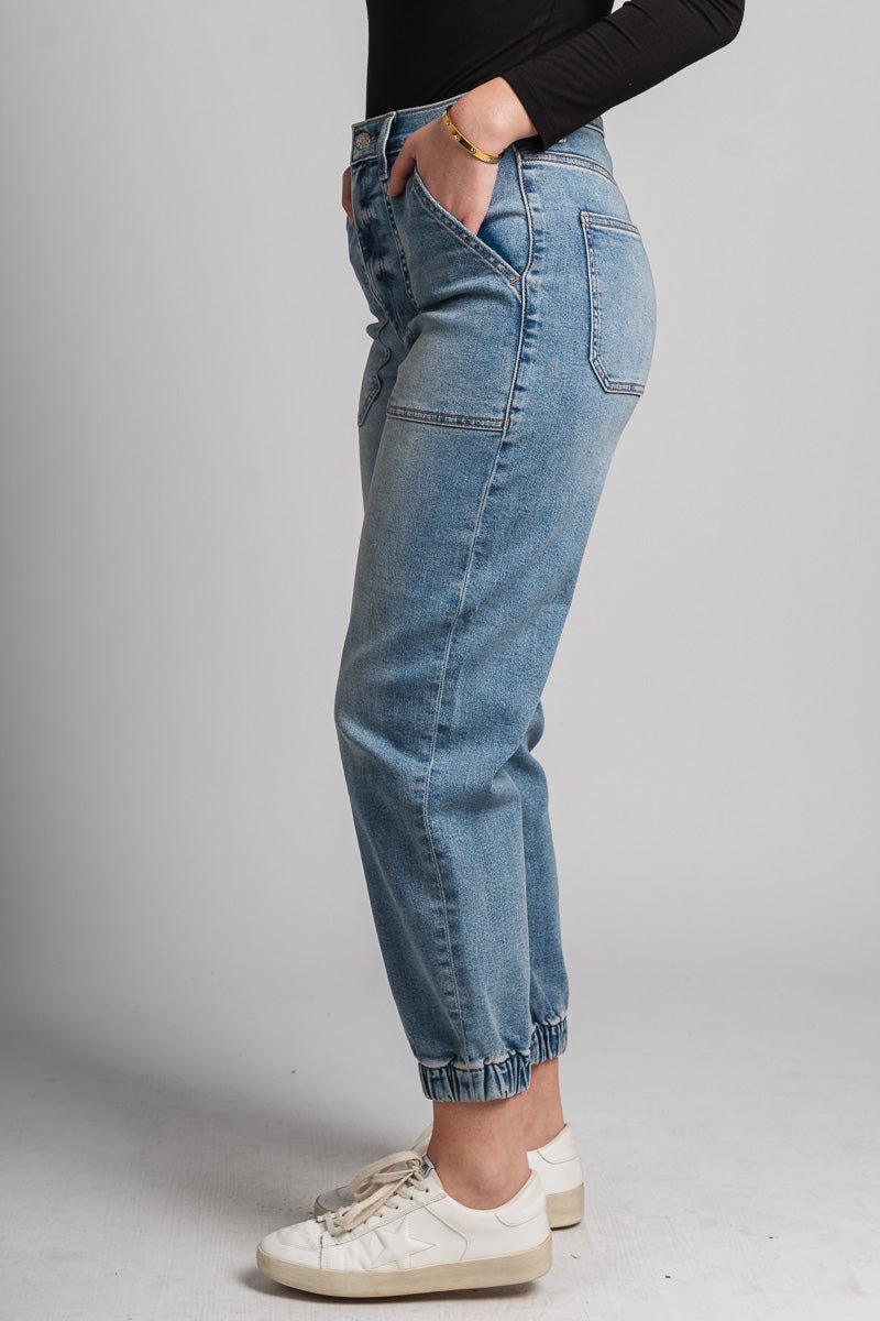 Daze The Champ high rise jogger jeans Wings | Lush Fashion Lounge: boutique women's jeans, fashion jeans for women, affordable fashion jeans, cute boutique jeans