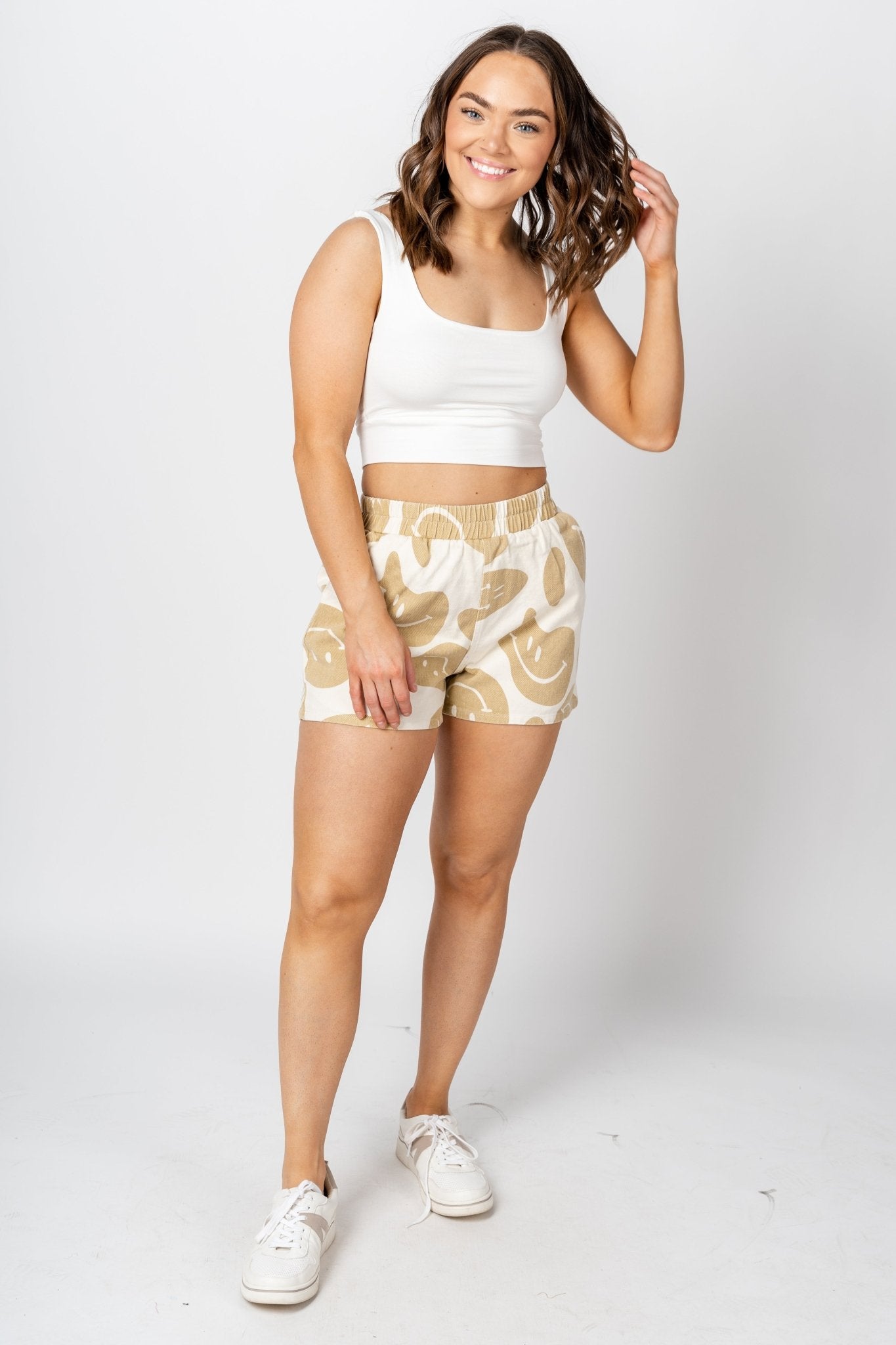 Smiley print shorts tan