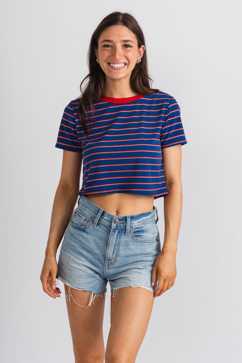 Striped crop top blue/red - Trendy Tank Top - Cute American Summer Collection at Lush Fashion Lounge Boutique in Oklahoma City