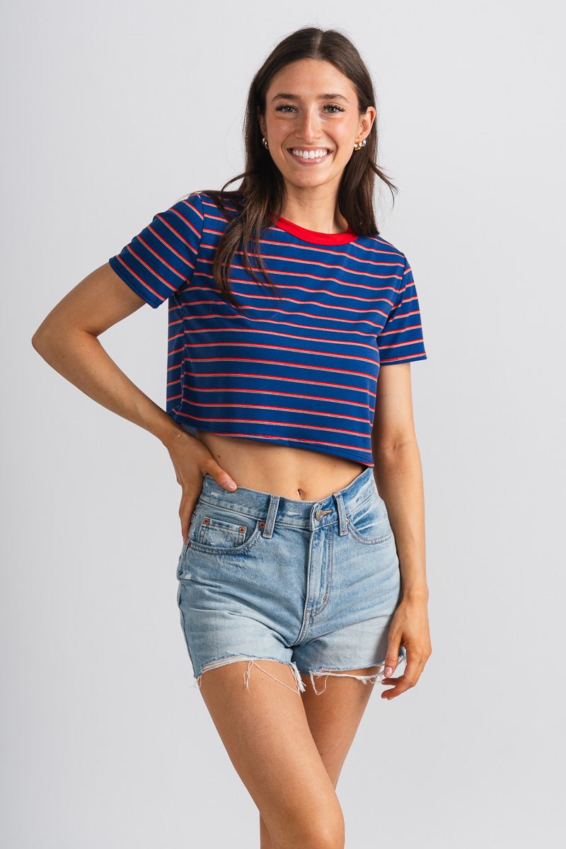 Striped crop top blue/red - Adorable Tank Top - Stylish Patriotic Summer Graphic Tees at Lush Fashion Lounge Boutique in OKC