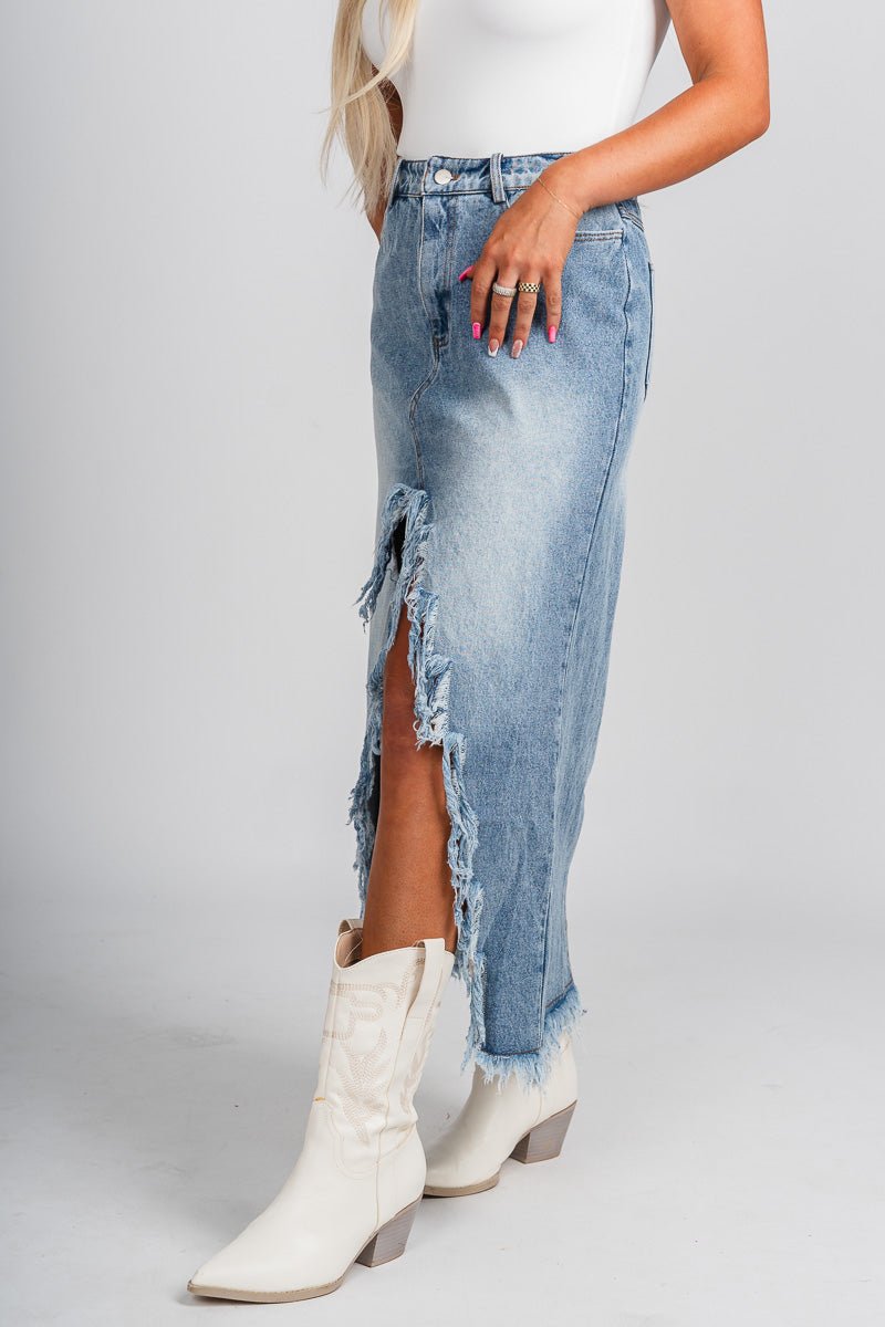 High waist denim midi skirt medium wash | Lush Fashion Lounge: boutique fashion skirts, affordable boutique skirts, cute affordable skirts