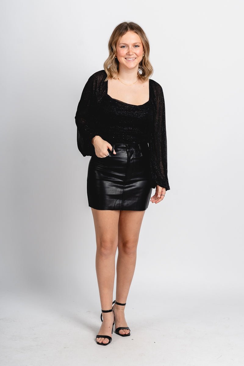 Ruched glitter bodysuit black - Trendy Bodysuit - Fashion Bodysuits at Lush Fashion Lounge Boutique in Oklahoma City