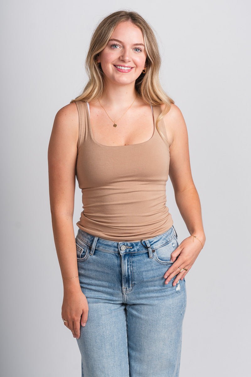 Square neck tank top taupe - Affordable Tank Top - Boutique Tank Tops at Lush Fashion Lounge Boutique in Oklahoma City