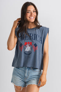 American bell muscle tank top blue - Cute Tank Top - Fun American Summer Outfits at Lush Fashion Lounge Boutique in Oklahoma City