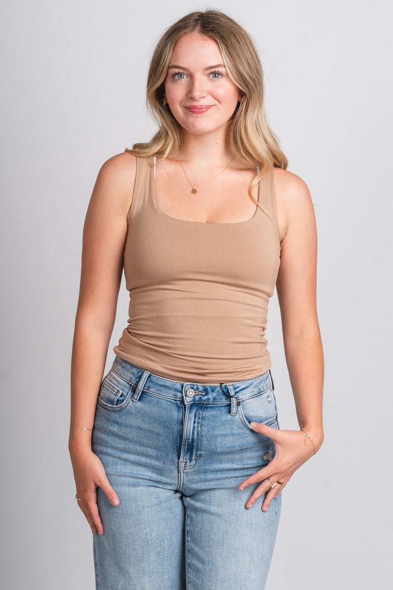 Square neck tank top taupe - Cute Tank Top - Trendy Tank Tops at Lush Fashion Lounge Boutique in Oklahoma City