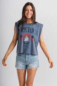 American bell muscle tank top blue - Adorable Tank Top - Stylish Patriotic Summer Graphic Tees at Lush Fashion Lounge Boutique in OKC