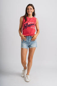 America the beautiful tank top red - Adorable Tank Top - Stylish Patriotic Summer Graphic Tees at Lush Fashion Lounge Boutique in OKC