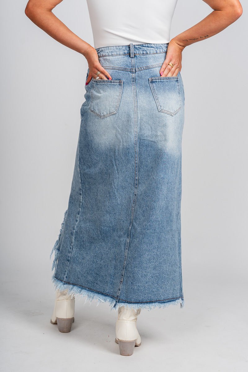 High waist denim midi skirt medium wash | Lush Fashion Lounge: boutique fashion skirts, affordable boutique skirts, cute affordable skirts