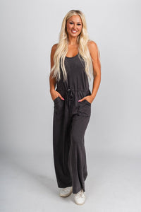 Tie waist jumpsuit charcoal - Cute jumpsuit - Trendy Rompers and Pantsuits at Lush Fashion Lounge Boutique in Oklahoma City