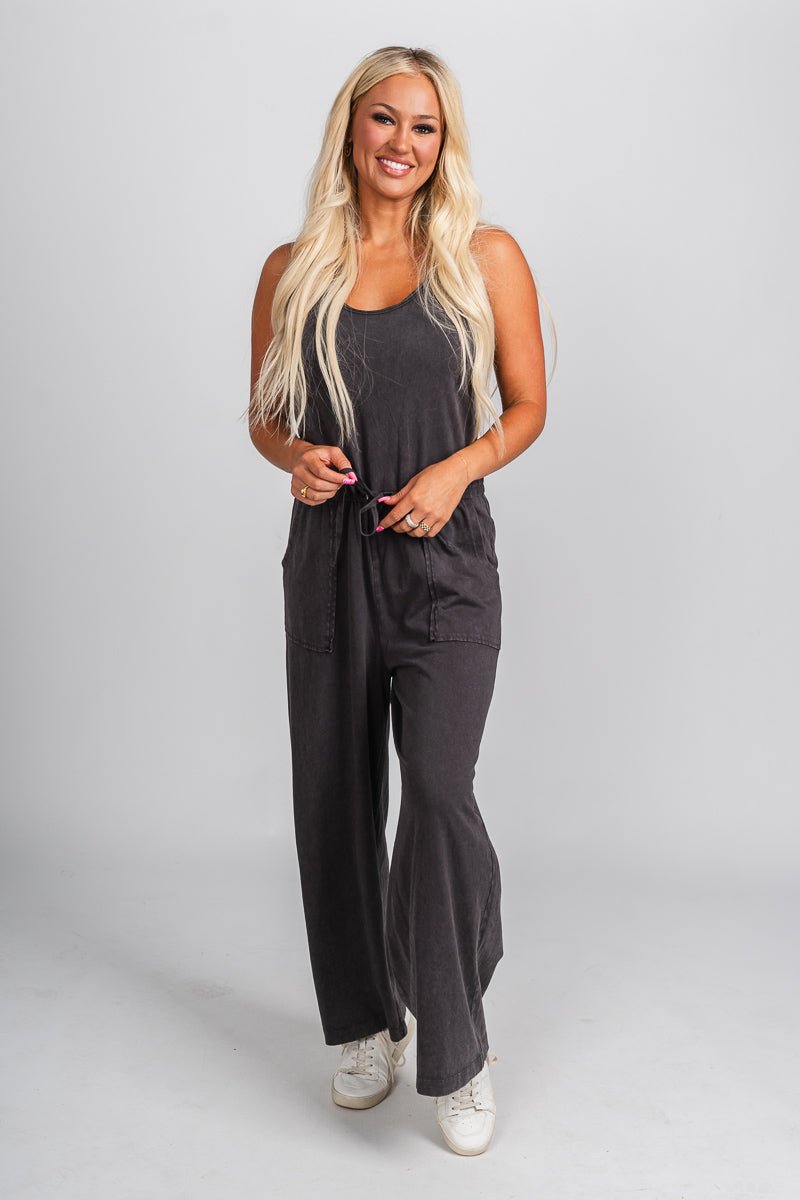 Tie waist jumpsuit charcoal - Trendy jumpsuit - Fashion Rompers & Pantsuits at Lush Fashion Lounge Boutique in Oklahoma City