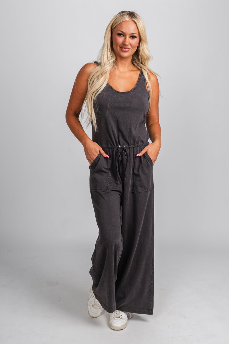 Tie waist jumpsuit charcoal - Affordable jumpsuit - Boutique Rompers & Pantsuits at Lush Fashion Lounge Boutique in Oklahoma City