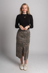 Leopard denim midi skirt brown | Lush Fashion Lounge: boutique fashion skirts, affordable boutique skirts, cute affordable skirts