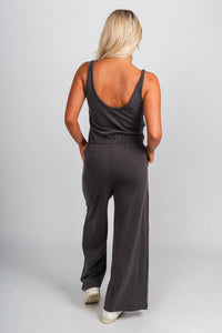 Tie waist jumpsuit charcoal Stylish jumpsuit - Womens Fashion Rompers & Pantsuits at Lush Fashion Lounge Boutique in Oklahoma City