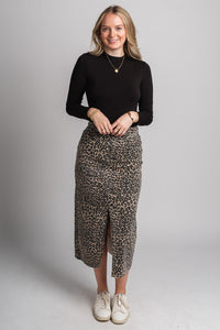 Leopard denim midi skirt brown | Lush Fashion Lounge: boutique fashion skirts, affordable boutique skirts, cute affordable skirts