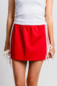 Bow detail mini skirt red/white | Lush Fashion Lounge: boutique fashion skirts, affordable boutique skirts, cute affordable skirts