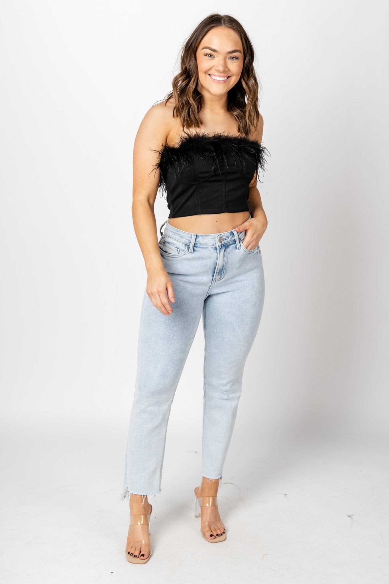 Feather trim crop top black