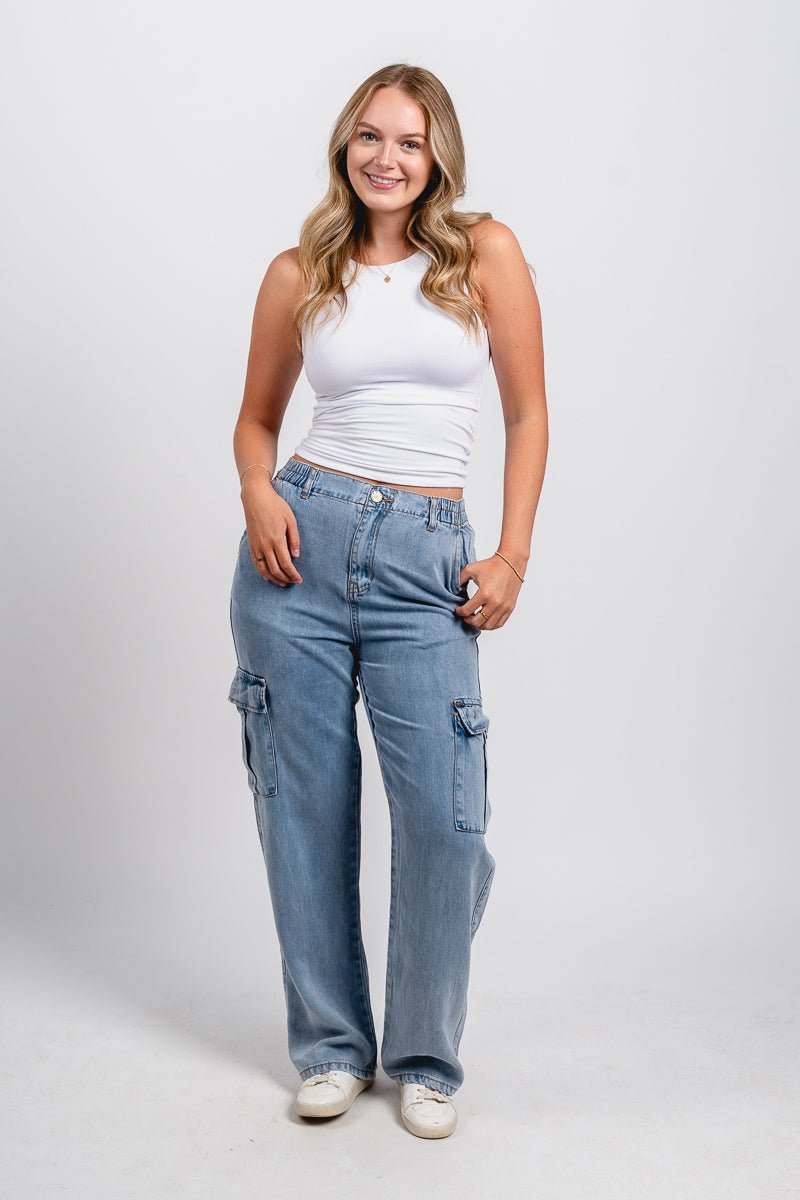 Wide leg cargo pants denim | Lush Fashion Lounge: women's boutique pants, boutique women's pants, affordable boutique pants, women's fashion pants