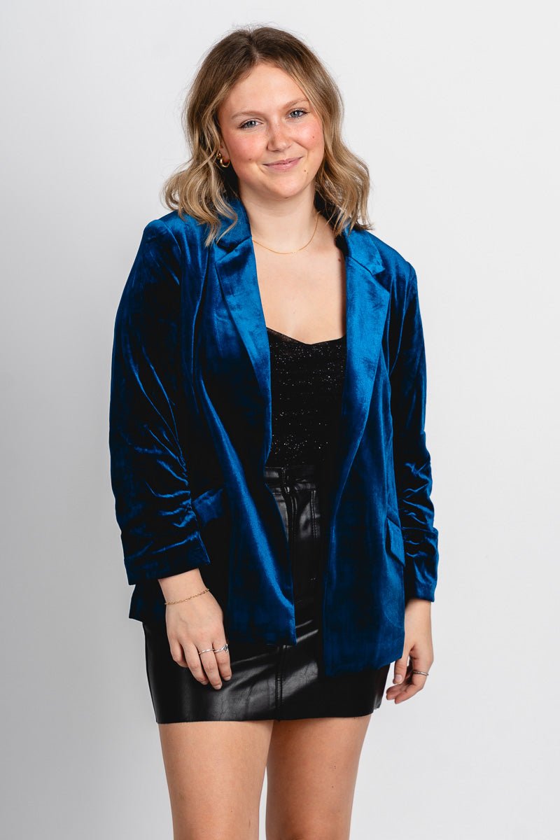 Velvet blazer teal – Trendy Jackets | Cute Fashion Blazers at Lush Fashion Lounge Boutique in Oklahoma City