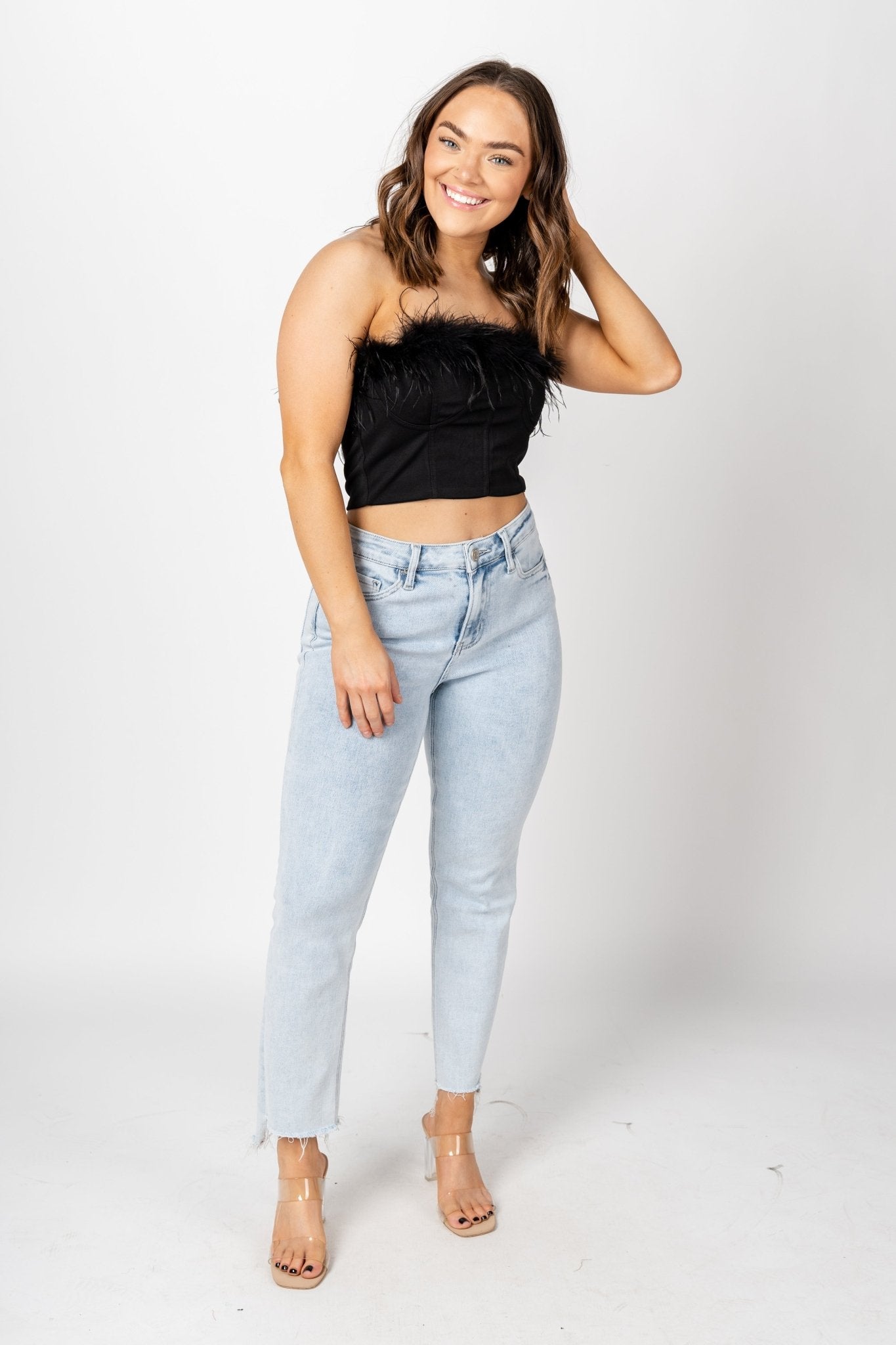 Feather trim crop top black