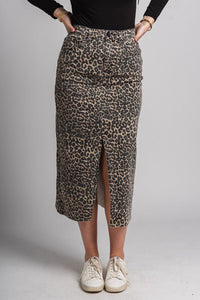 Leopard denim midi skirt brown | Lush Fashion Lounge: boutique fashion skirts, affordable boutique skirts, cute affordable skirts