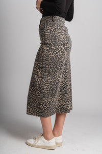 Leopard denim midi skirt brown | Lush Fashion Lounge: boutique fashion skirts, affordable boutique skirts, cute affordable skirts