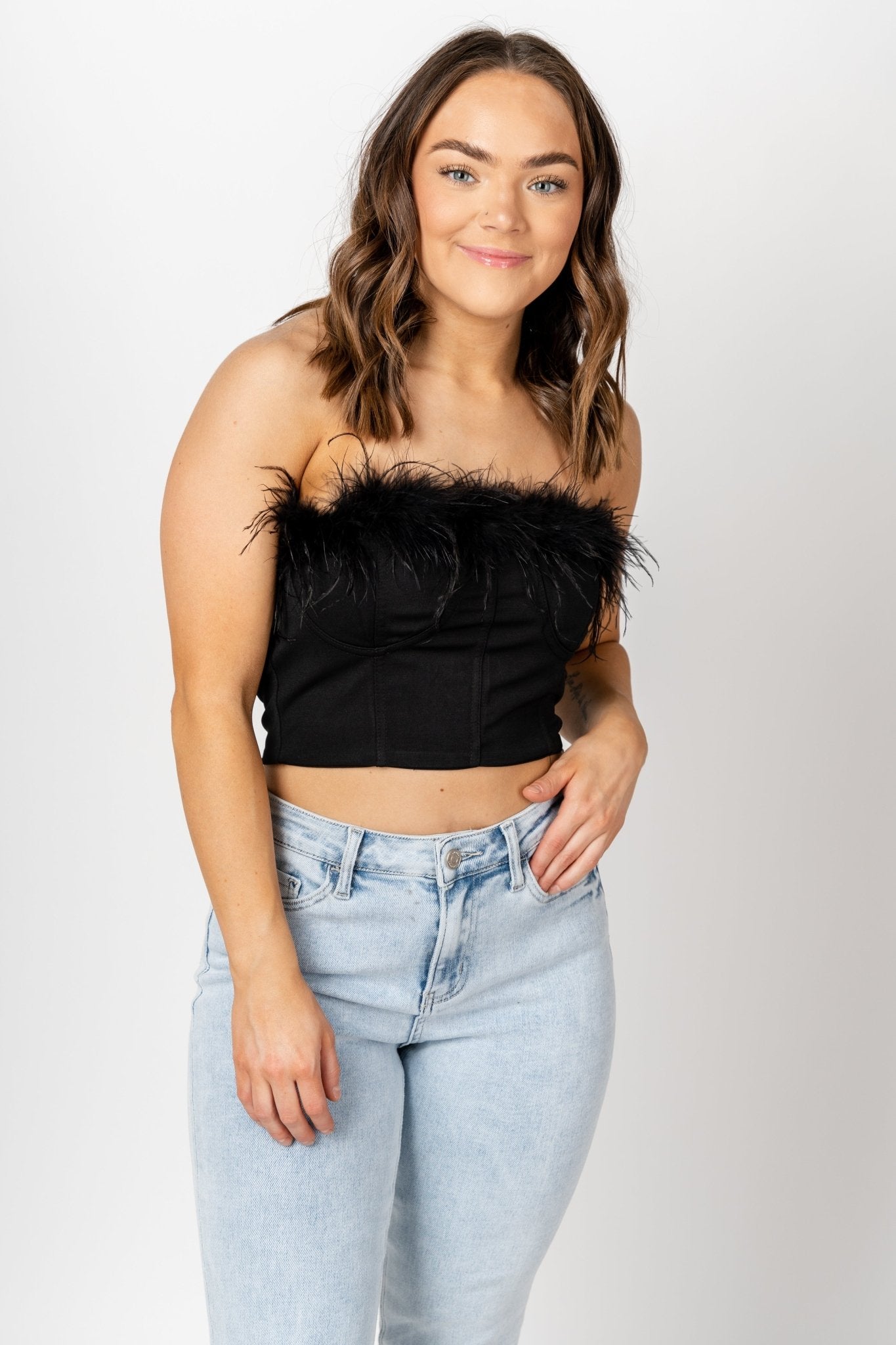 Feather trim crop top black