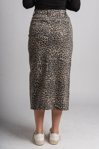 Leopard denim midi skirt brown | Lush Fashion Lounge: boutique fashion skirts, affordable boutique skirts, cute affordable skirts