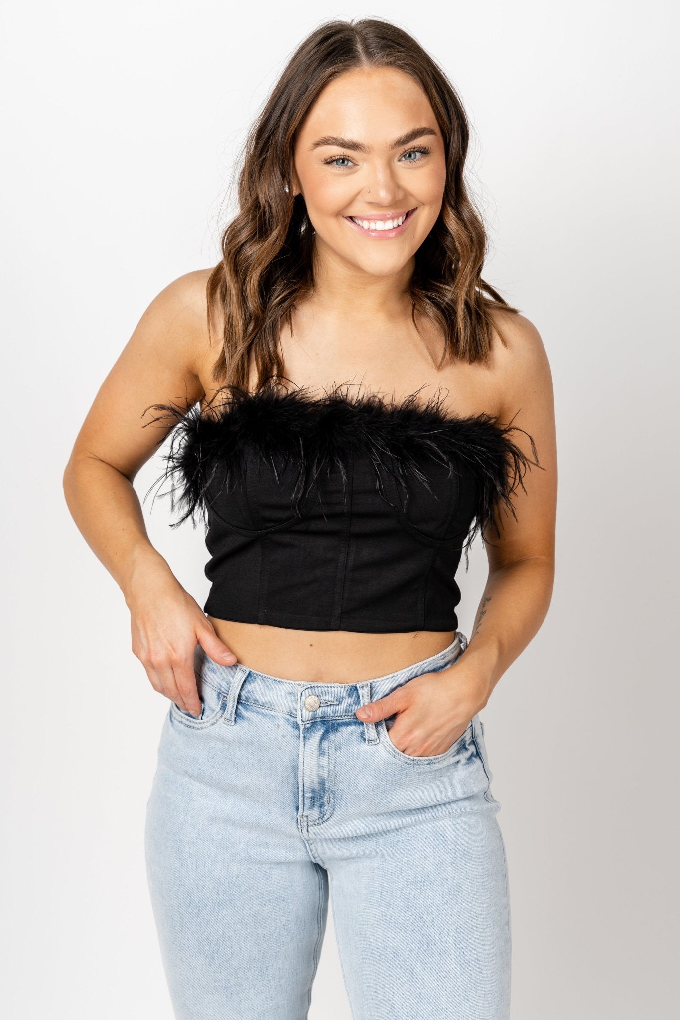 Feather trim crop top black