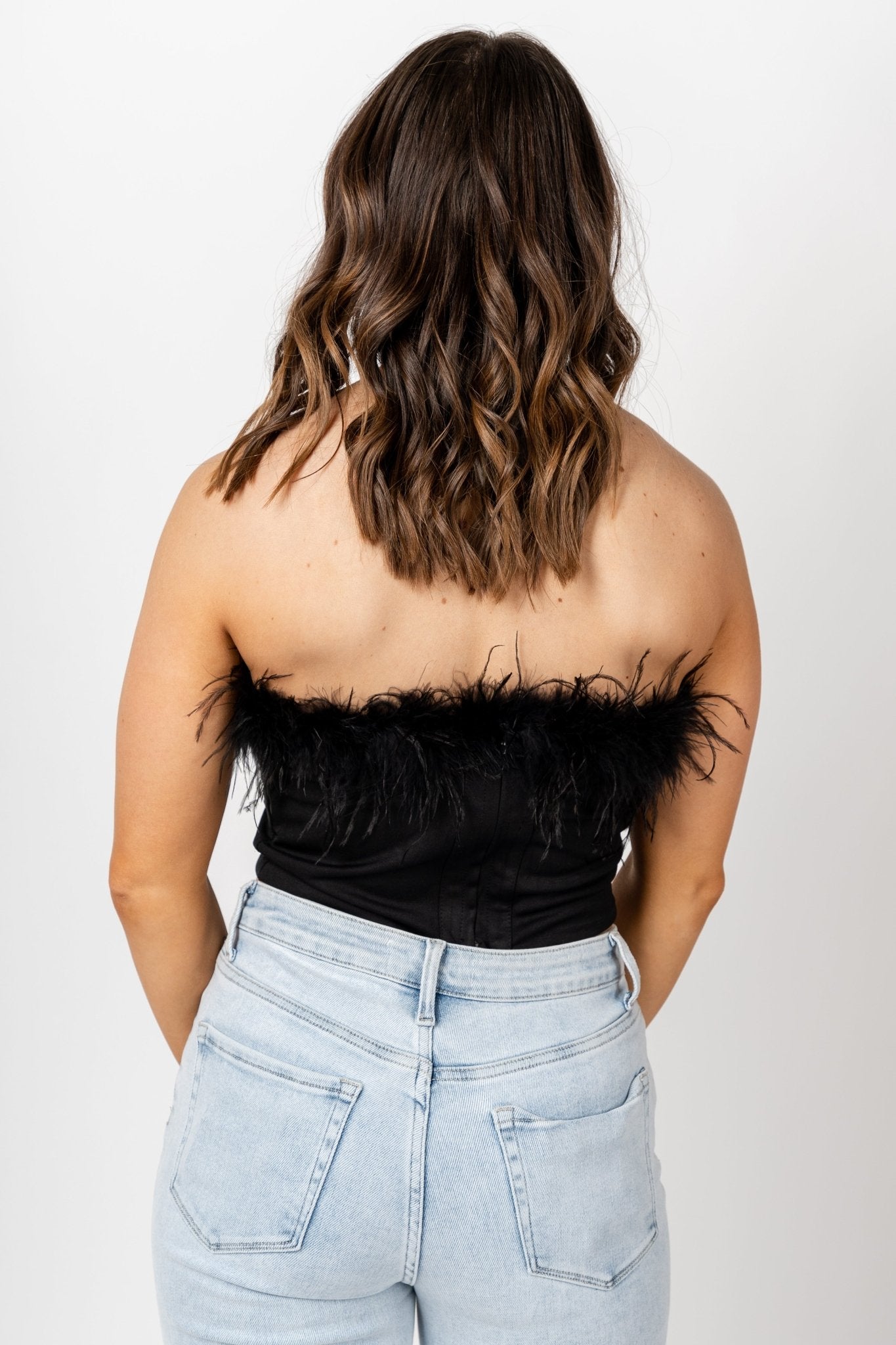 Feather trim crop top black