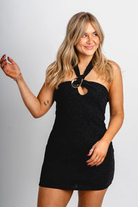 Shimmer halter mini dress black - Affordable dress - Boutique Dresses at Lush Fashion Lounge Boutique in Oklahoma City