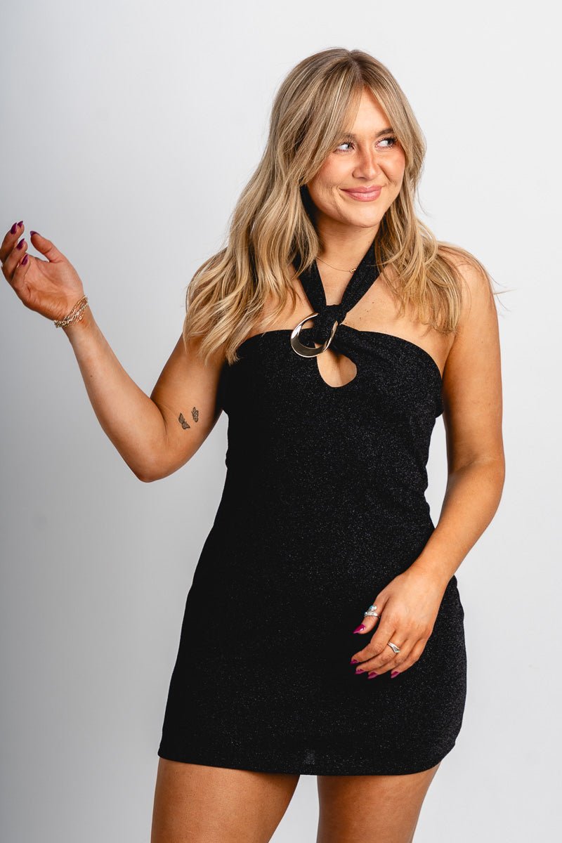Shimmer halter mini dress black - Affordable dress - Boutique Dresses at Lush Fashion Lounge Boutique in Oklahoma City