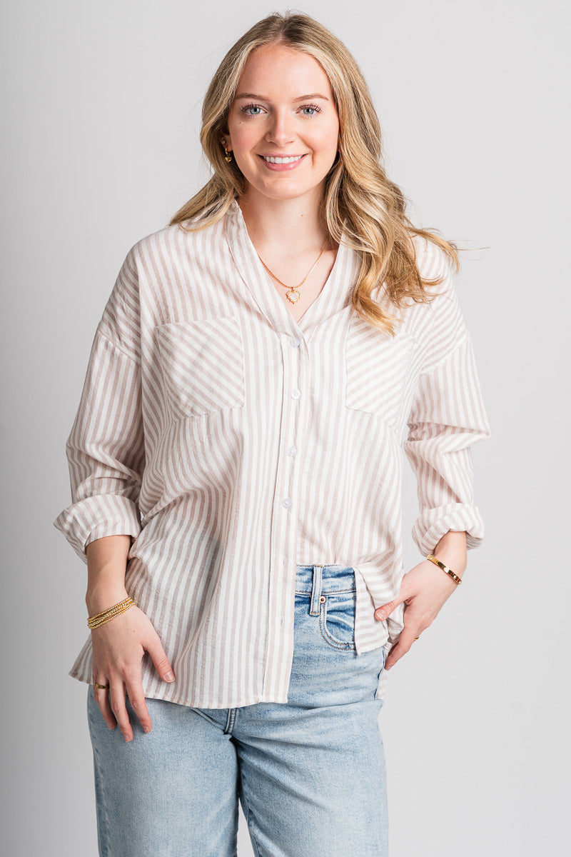 Striped button down top beige