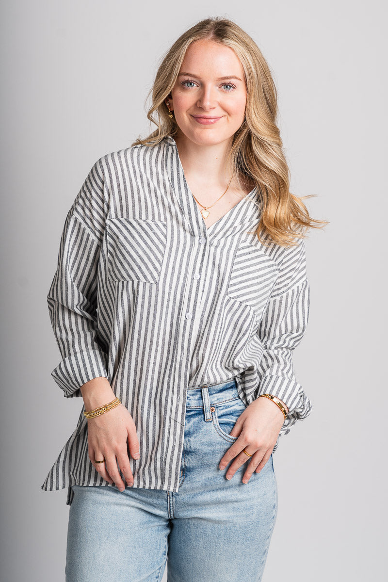 Striped button down top black