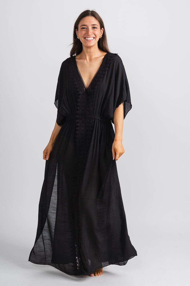 Lace detail maxi swim cover up black - Trendy maxi dress - Cute Vacation Collection at Lush Fashion Lounge Boutique in Oklahoma City