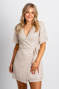 Sequin wrap mini dress light gold - Affordable dress - Boutique Dresses at Lush Fashion Lounge Boutique in Oklahoma City