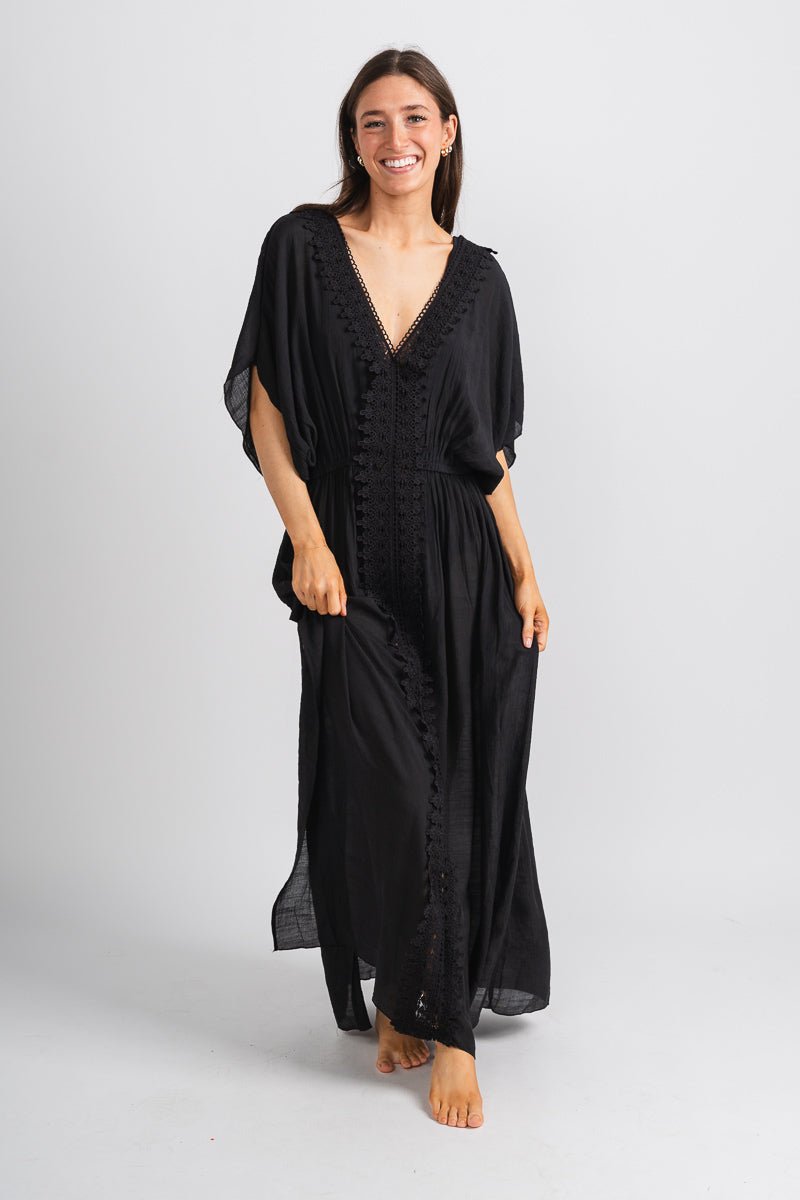 Lace detail maxi swim cover up black - Stylish maxi dress - Trendy Staycation Outfits at Lush Fashion Lounge Boutique in Oklahoma City