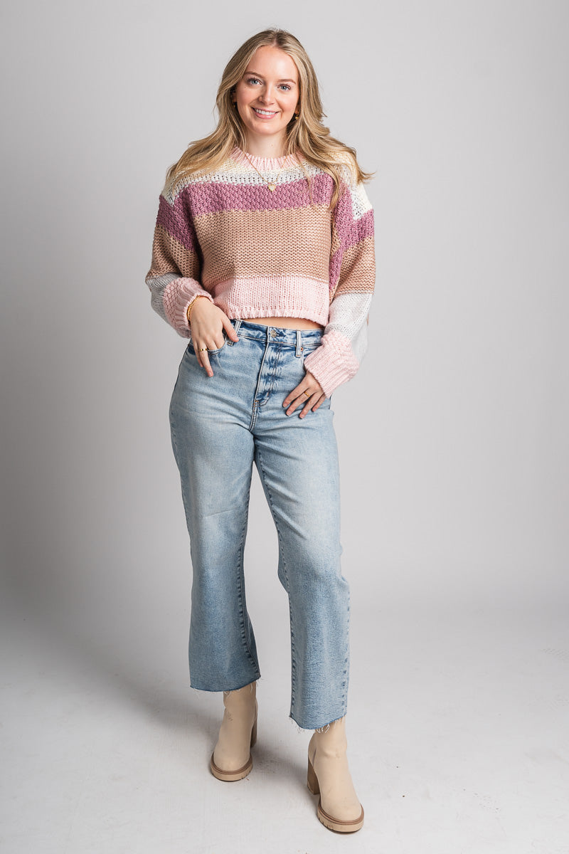 Striped crop sweater pink multi - Trendy Sweaters | Cute Pullover Sweaters at Lush Fashion Lounge Boutique in Oklahoma City