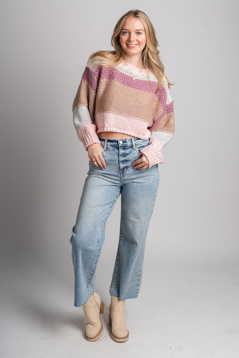 Striped crop sweater pink multi – Unique Sweaters | Lounging Sweaters and Womens Fashion Sweaters at Lush Fashion Lounge Boutique in Oklahoma City