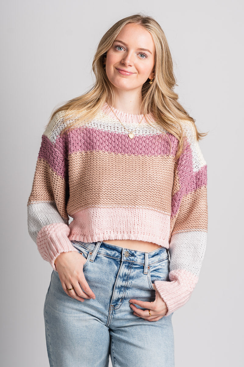 Striped crop sweater pink multi – Stylish Sweaters | Boutique Sweaters at Lush Fashion Lounge Boutique in Oklahoma City